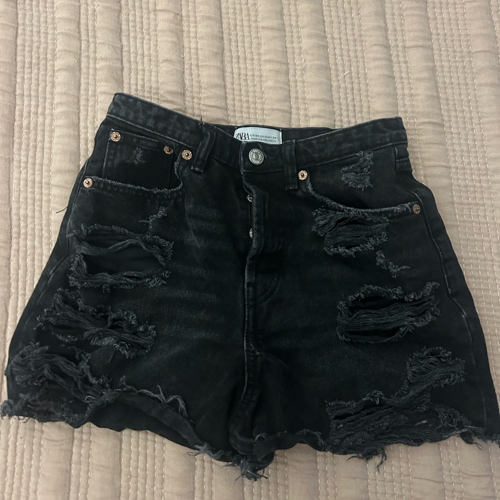 Zara Black Distressed Denim Shorts